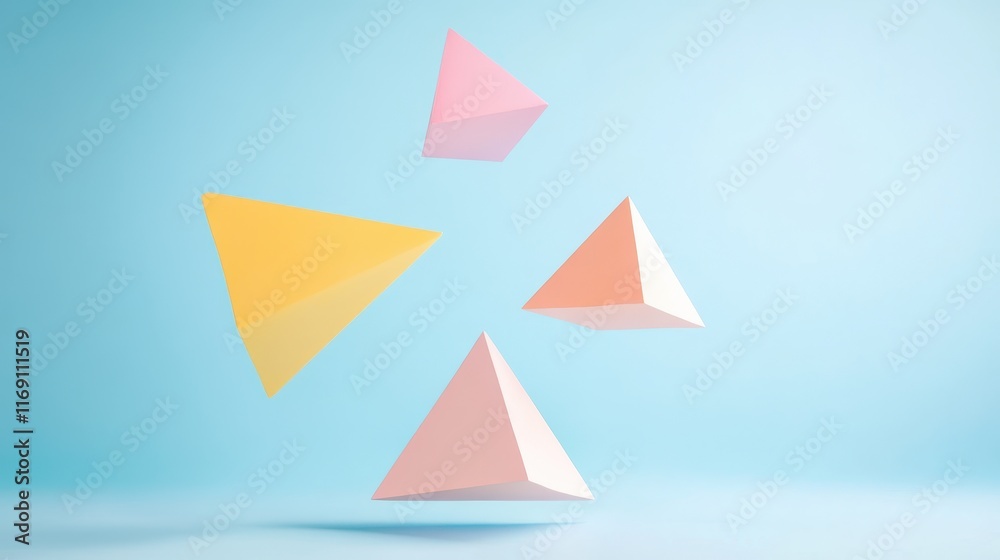 Playful Three-Dimensional Geometric Shapes Floating in Soft Pastel Colors Against a Light Blue Background Playful Three-Dimensional Geometric Shapes Floating in Soft Pastel Colors Against a Light Blue Background