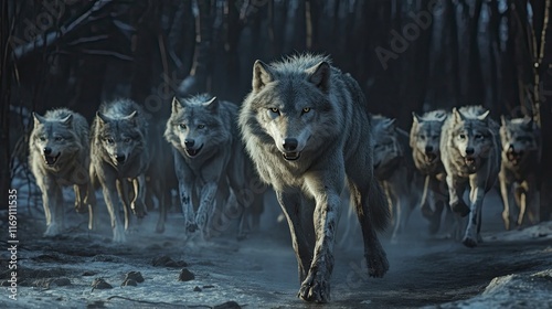 A pack of wolves runs through a dark winter forest