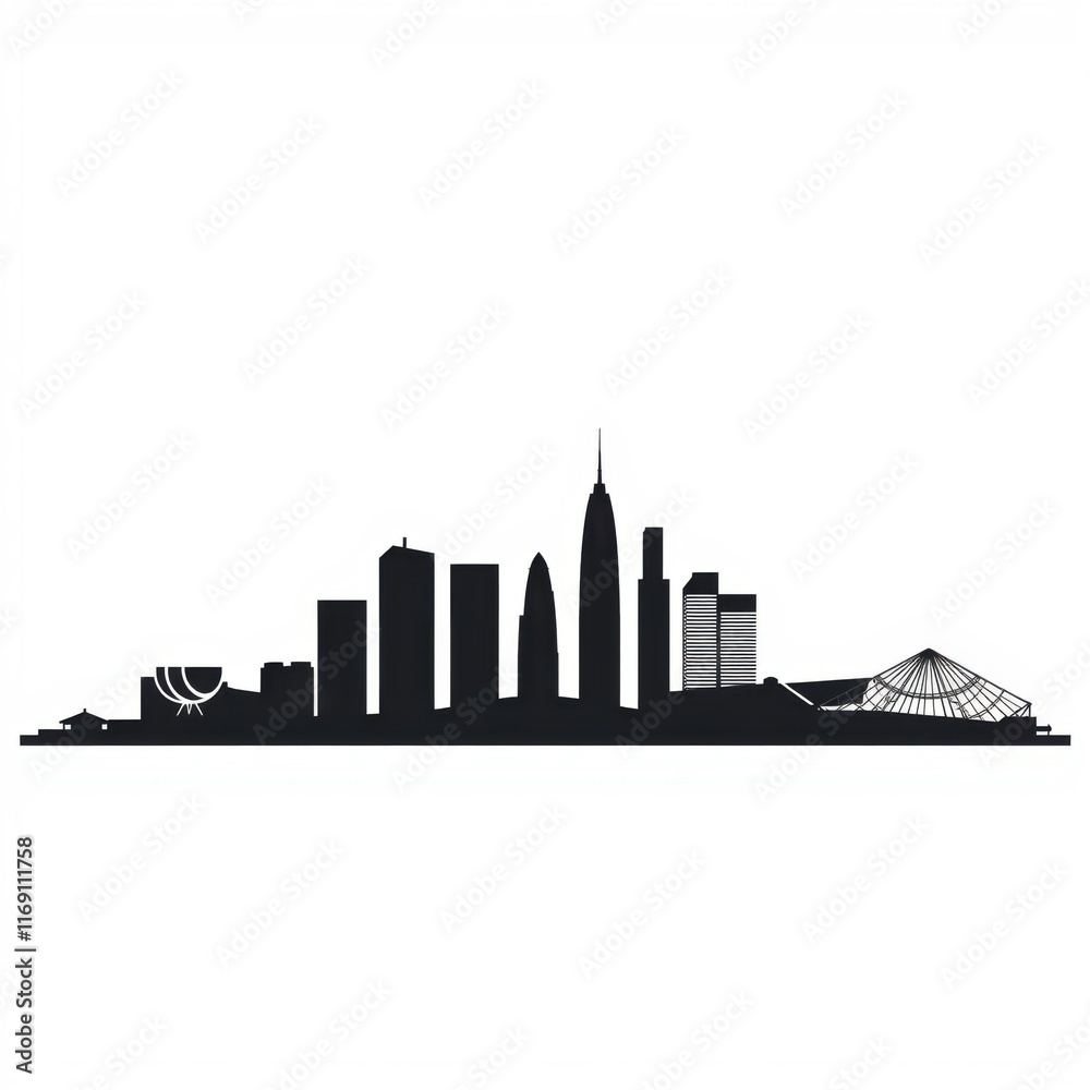 Obraz premium skyline silhouette, iconic city, urban landscape, skyscrapers, landmark buildings, bridge, harbor, black and white, minimalist, graphic design, architectural illustration, city panorama, modern metrop