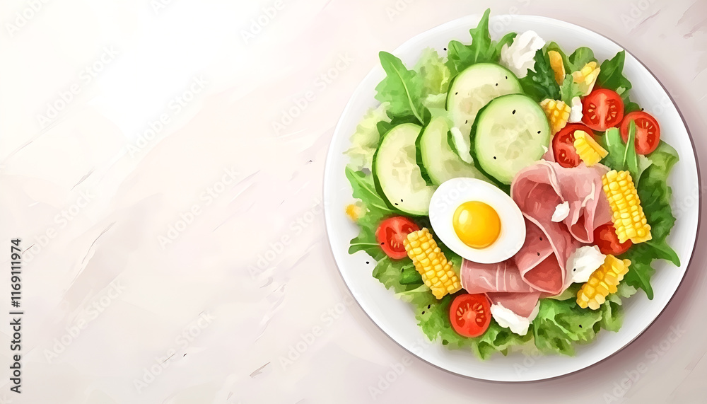 Festive salad with ham, cucumber, boiled eggs, sweet corn and mayonnaise on wooden table Festive salad with ham, cucumber, boiled eggs, sweet corn and mayonnaise on wooden table
