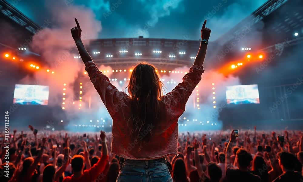 Energetic crowd at a concert with vibrant lights and excitement.