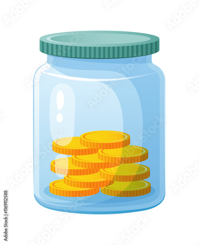 Blue glass jar half full of gold coins. 