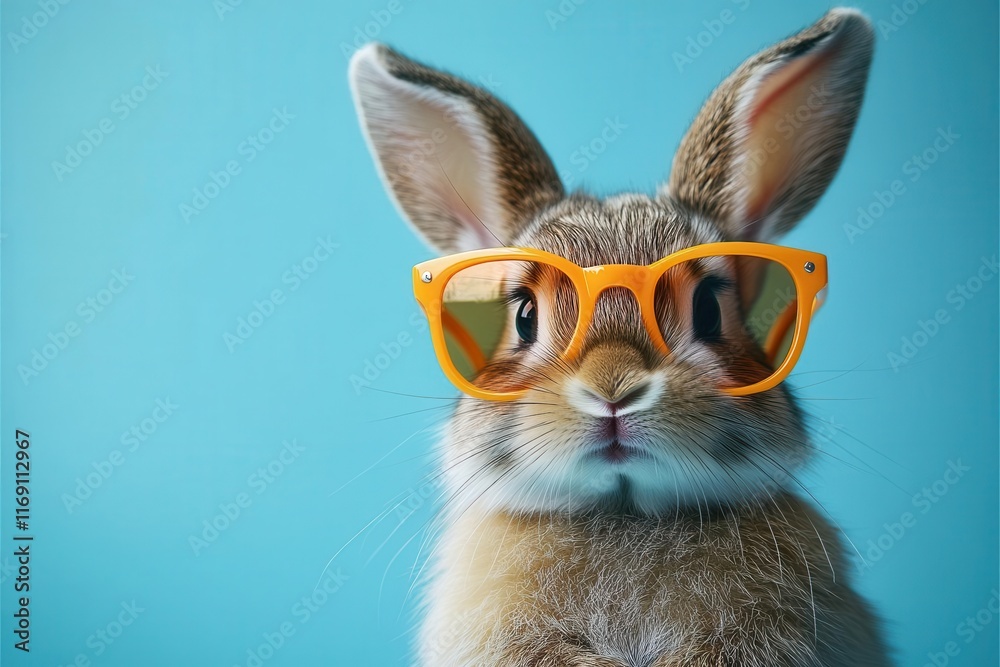playful rabbit wearing trendy orange sunglasses set against a pastel blue background exuding fun and whimsy ample copy space inviting creativity and playful messages