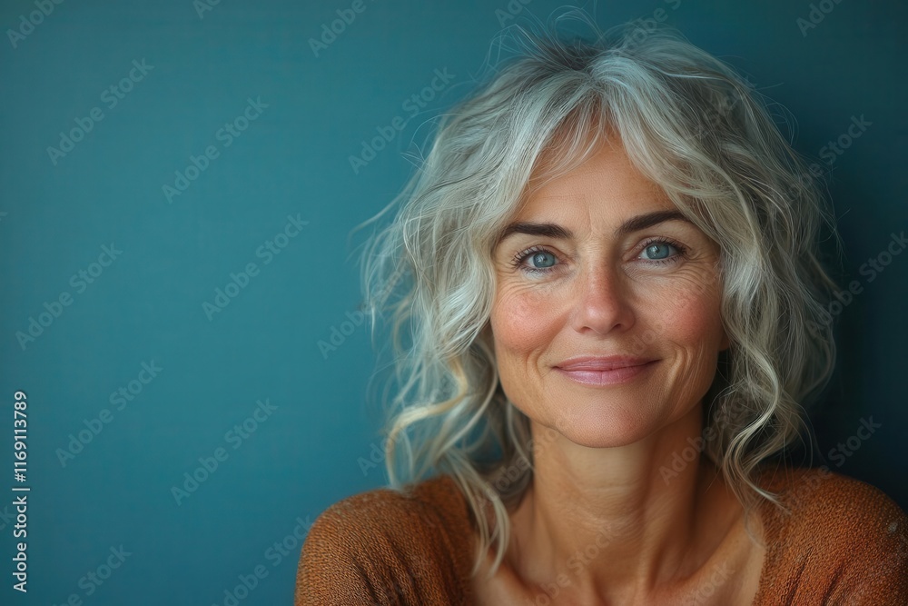 portrait of a cheerful senior woman radiating joy as she smiles warmly at the camera set against a soft blue background that enhances her positivity and zest for life portrait of a cheerful senior woman radiating joy as she smiles warmly at the camera set against a soft blue background that enhances her positivity and zest for life