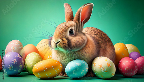 Funny easter concept holiday animal celebration greeting card - Cute little easter bunny, rabbit sitting in many colorful painted esater eggs, isolated on green background photo