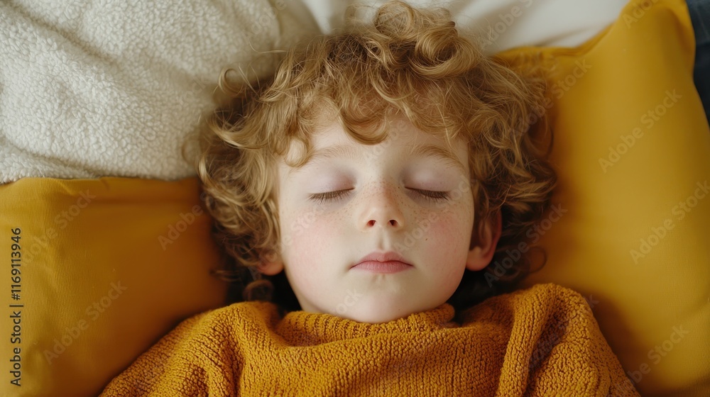 Peaceful Child Sleeping Comfortably on Soft Pillows in a Cozy Room Setting for Relaxation and Calmness Peaceful Child Sleeping Comfortably on Soft Pillows in a Cozy Room Setting for Relaxation and Calmness