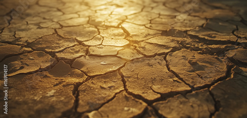 A close up of cracked, parched desert ground with intricate details of dried mud patterns under soft golden sunlight.
