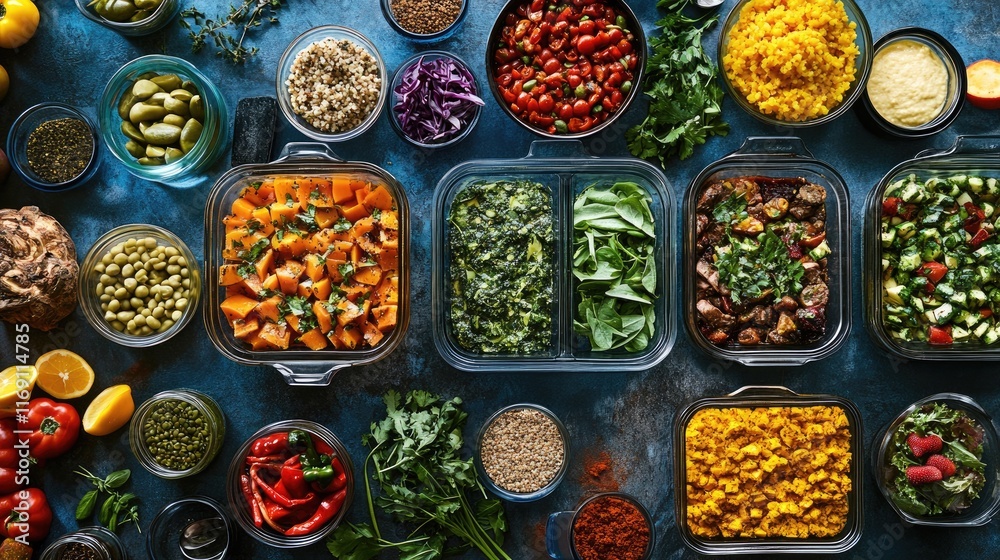 A vibrant meal prep scene featuring healthy, portioned meals aimed at weight loss, with fresh ingredients on display