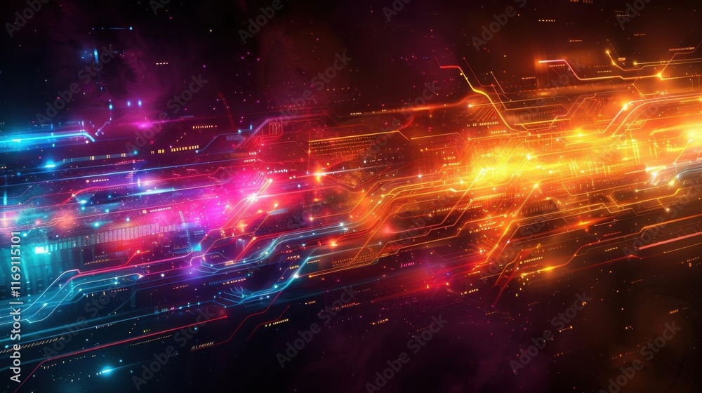 Fototapeta premium Abstract Digital Circuitry with Glowing Lines and Red, Orange, and Blue Lights