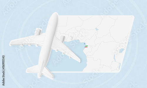 Equatorial Guinea Travel Illustration with Plane and National Flag. Airplane Flying Over Equatorial Guinea Map.