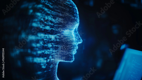Ein menschliches Gesicht im Halbprofil vor schwarzem Hintergrund, das sich langsam aus blauen Codelinien zusammensetzt, digitale Welt, Querformat