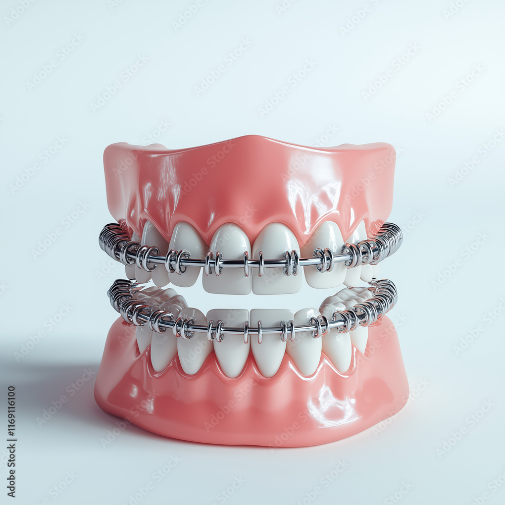 Dental model with metal orthodontic braces applied, on a white background