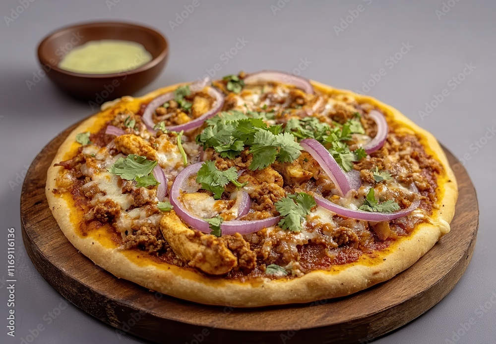 Delicious homemade pizza topped with spiced chicken, cheese, fresh cilantro, and red onion served with a tangy green sauce in a rustic setting Delicious homemade pizza topped with spiced chicken, cheese, fresh cilantro, and red onion served with a tangy green sauce in a rustic setting