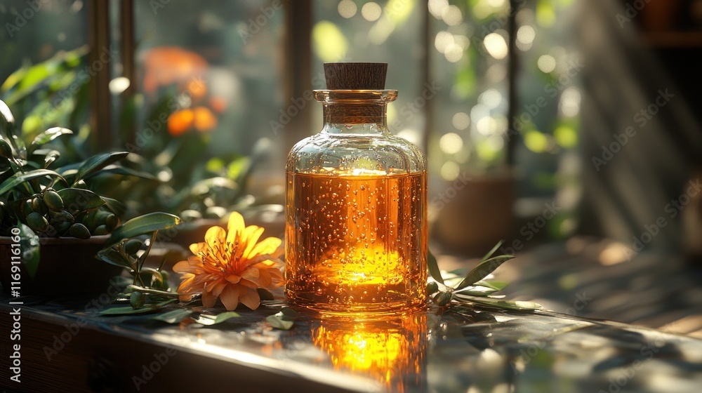 Amber liquid in glass bottle with flowers.