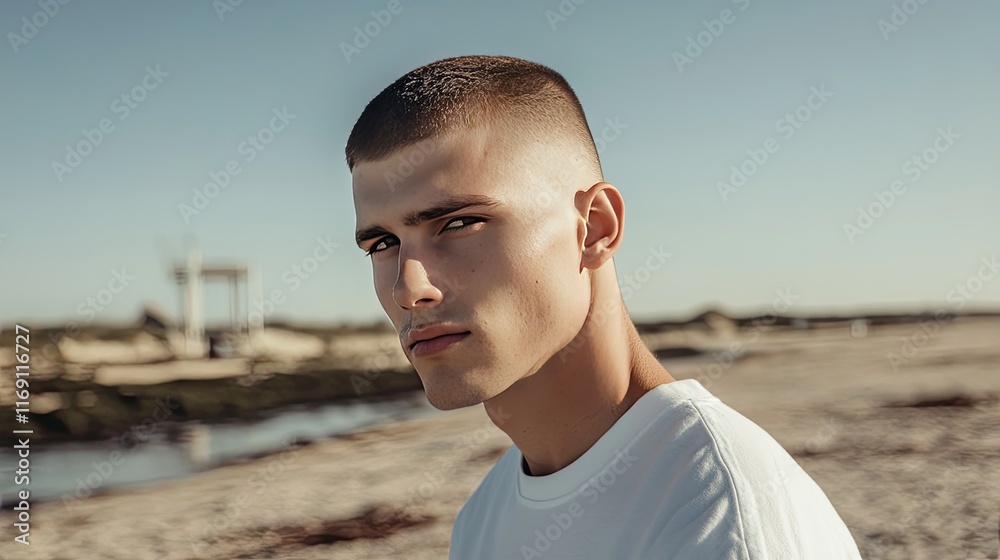 A young man in a crew cut enjoying a day at the beach, showcasing the low-maintenance and sporty vibe of the style A young man in a crew cut enjoying a day at the beach, showcasing the low-maintenance and sporty vibe of the style