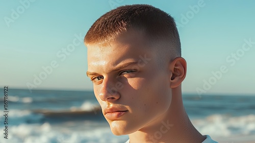 A young man in a crew cut enjoying a day at the beach, showcasing the low-maintenance and sporty vibe of the style