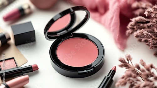 An open blush compact next to matching lipsticks and eyeshadow palettes, creating a monochromatic beauty flat lay with pastel colors in a cozy, well-lit room.
