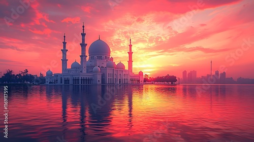 Majestic white mosque reflected in vibrant red sunset water. photo