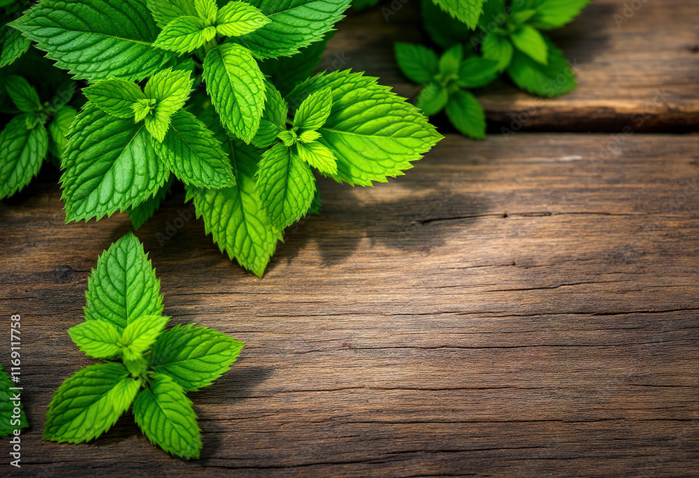 Fresh bright mint leaves on the wood background Fresh bright mint leaves on the wood background