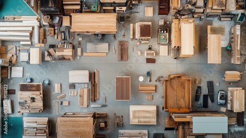 An overhead view of a workshop filled with finished furniture pieces, tools, and wood, illustrating the artistry and dedication in cabinet making photo