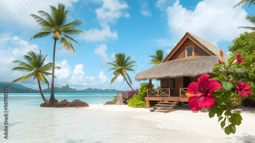 beautiful  polynesian chouse on a beach and hibiscus in the polynesian sea photo