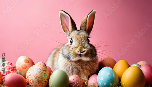 Funny easter concept holiday animal celebration greeting card - Cute little easter bunny, rabbit sitting on many colorful painted esater eggs, isolated on pink background  photo