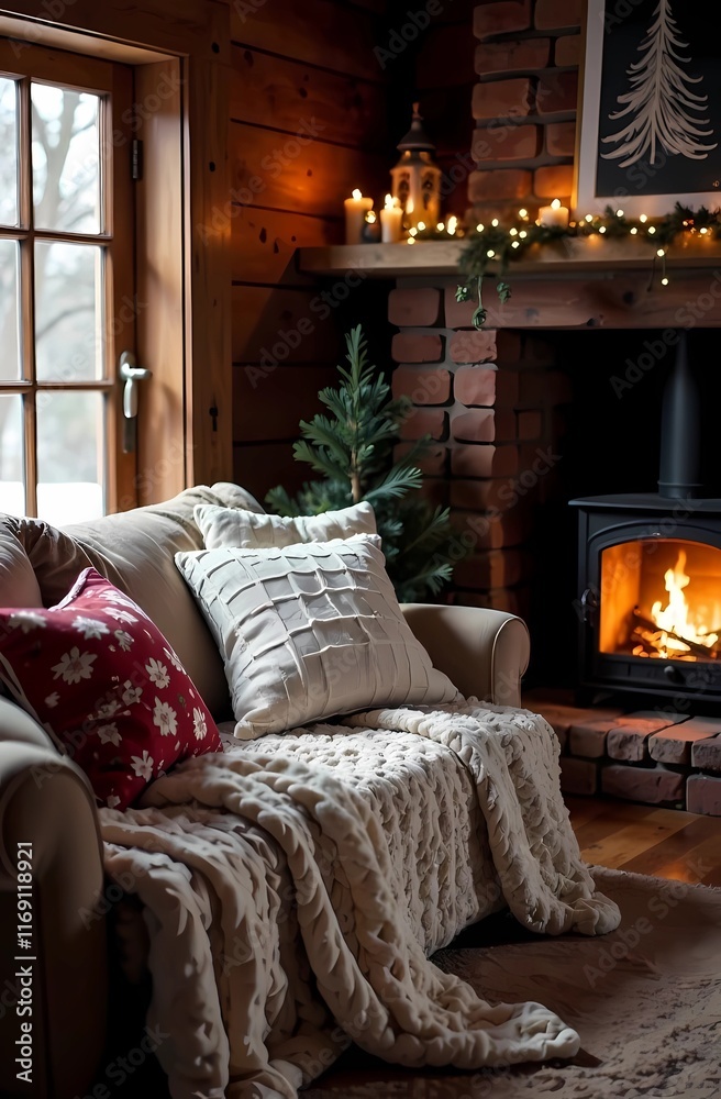 Fototapeta premium Modern living room with a sofa bed, cushions, plaids and an inviting seating area