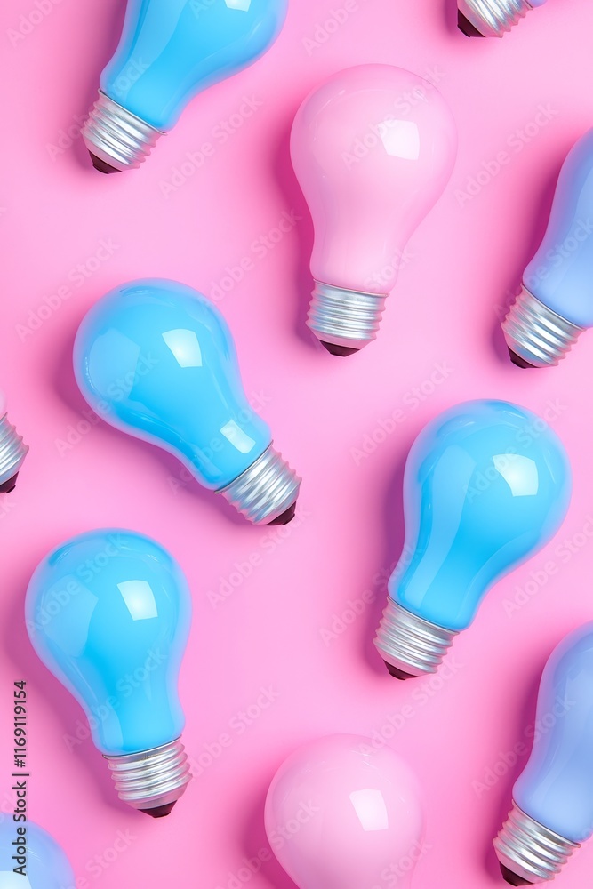 Blue And Pink Light Bulbs On A Pink Background, Creative Concept Of Ideas, Innovation Blue And Pink Light Bulbs On A Pink Background, Creative Concept Of Ideas, Innovation