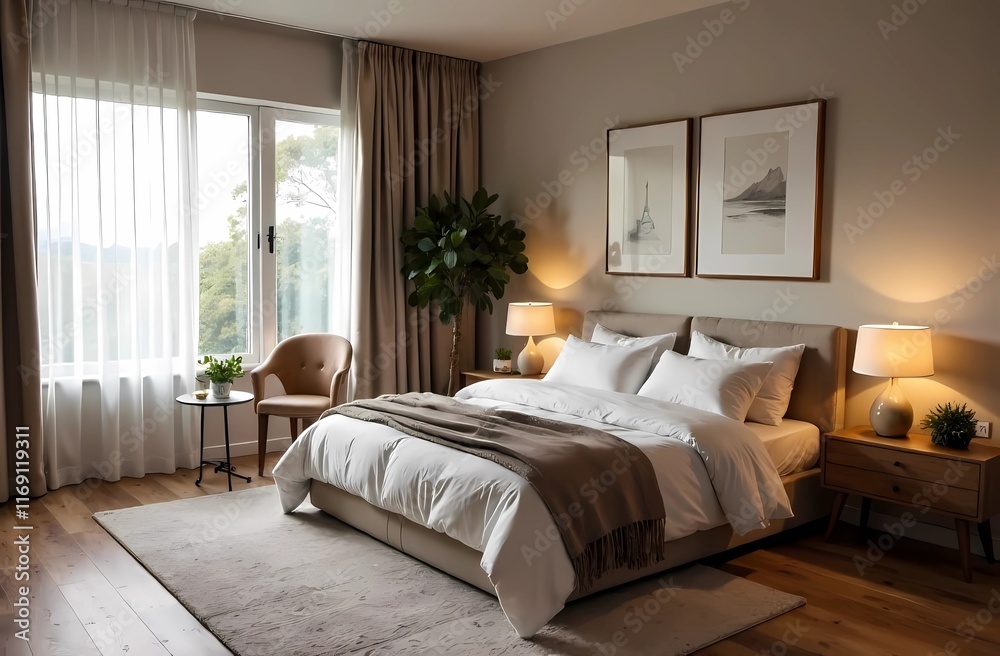 Fototapeta premium Cozy winter home interior with knitted blankets and pillows
