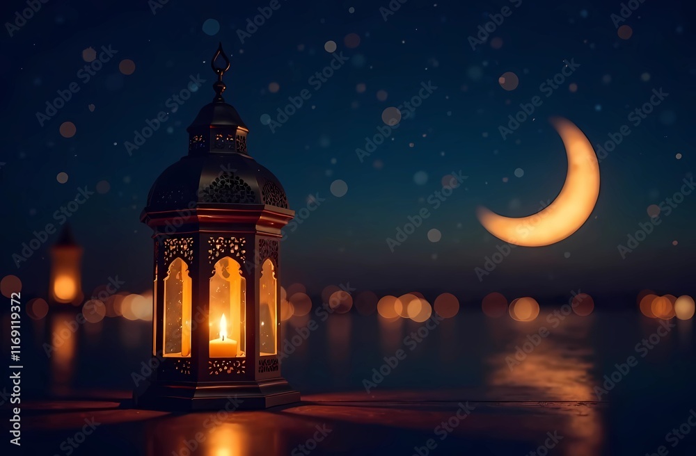 Fototapeta premium Ramadan is a holy month in Islamic tradition based on the lunar calendar and begins with the appearance of the first crescent moon, new moon
