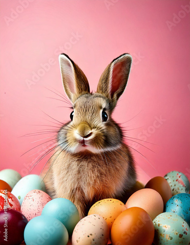 Funny easter concept holiday animal celebration greeting card - Cute little easter bunny, rabbit sitting on many colorful painted esater eggs, isolated on pink background  photo