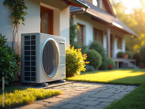 Heat pump in front of residential home