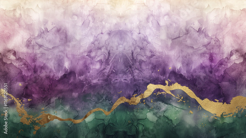 Watercolor gradient background in Mardi Gras colors with gold accents
