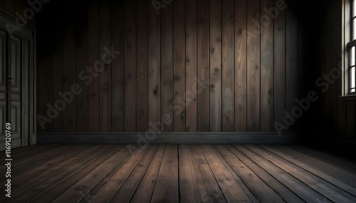 Interior rústico realista con paredes y pisos de madera oscura en habitación vacía