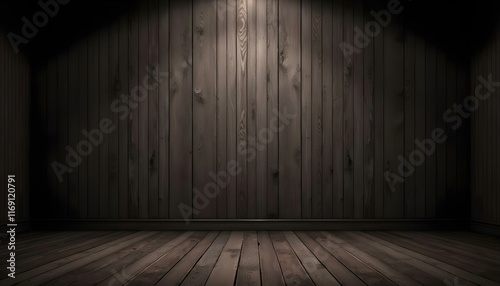 Interior rústico realista con paredes y pisos de madera oscura en habitación vacía