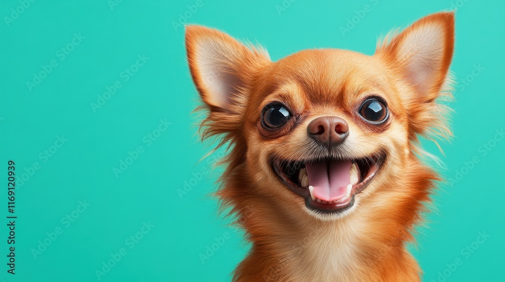Charming chihuahua wearing a joyful expression against a vibrant turquoise background capturing pure happiness Charming chihuahua wearing a joyful expression against a vibrant turquoise background capturing pure happiness