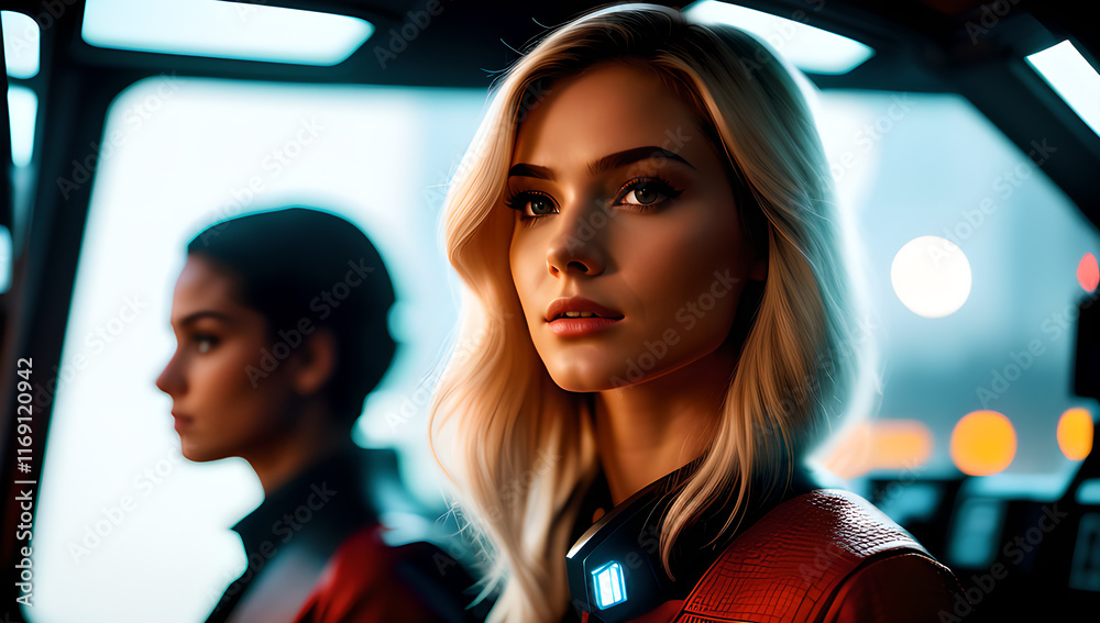 Fototapeta premium Girl on bright neon lighthigh fashion model in bright neon ultraviolet lights posing, portrait of beautiful woman.generative ai