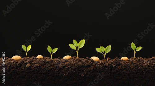 Fresh Seedlings Germinating in Rich Dark Soil After Planting Seeds for Future Growth and Vibrant Plant Life photo