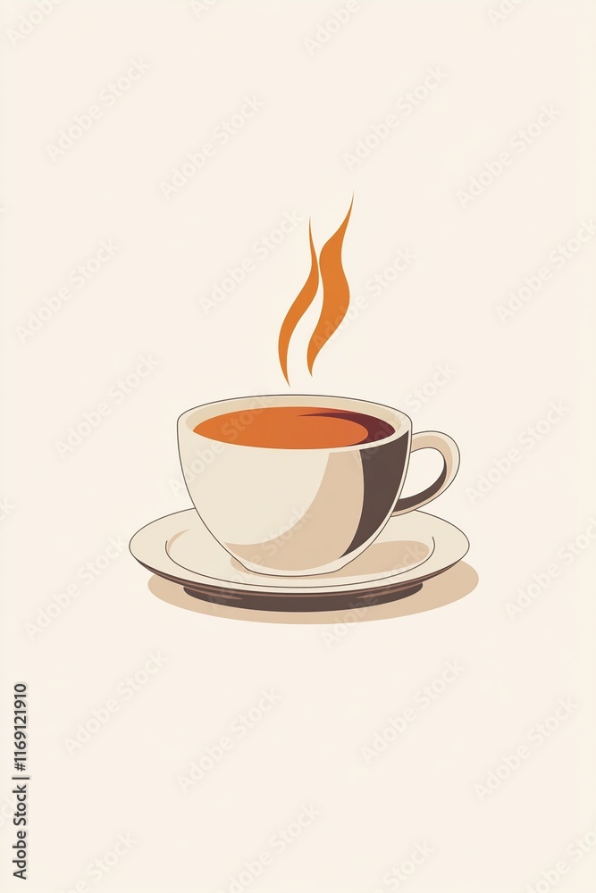 Fototapeta premium A minimalist illustration of a steaming cup of coffee made with smooth vector lines. The cup is placed centrally on a light beige background. The color scheme uses earthy browns and creamy whites.