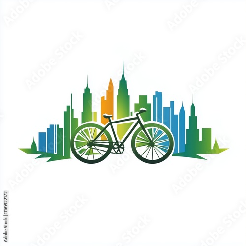 Bicycle symbol in front of a futuristic and green city skyline photo