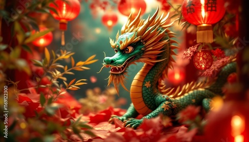 Wallpaper Mural Jade Dragon Amidst Festive Lanterns: A Digital Painting of Chinese New Year Torontodigital.ca