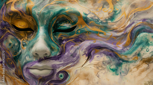 Ethereal mask design with flowing Mardi Gras hues photo