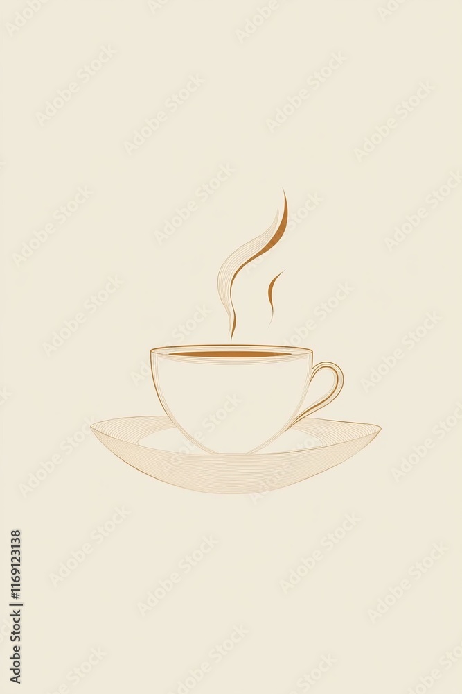 Fototapeta premium A minimalist illustration of a steaming cup of coffee made with smooth vector lines. The cup is placed centrally on a light beige background. The color scheme uses earthy browns and creamy whites.