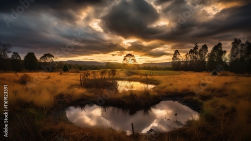 Golden Sunset Reflecting in Still Water Meadow photo