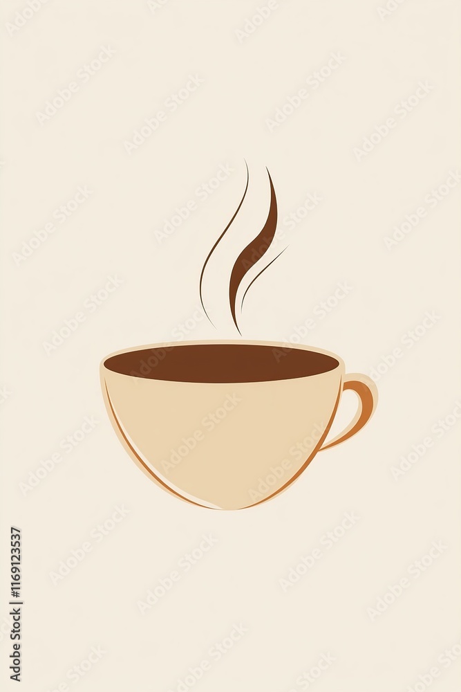 Obraz premium A minimalist illustration of a steaming cup of coffee made with smooth vector lines. The cup is placed centrally on a light beige background. The color scheme uses earthy browns and creamy whites.