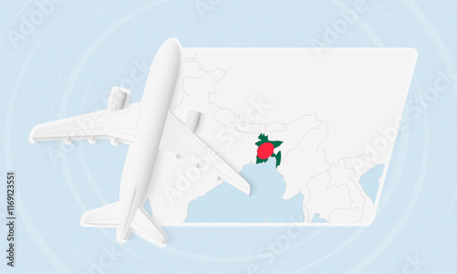 Bangladesh Travel Illustration with Plane and National Flag. Airplane Flying Over Bangladesh Map.