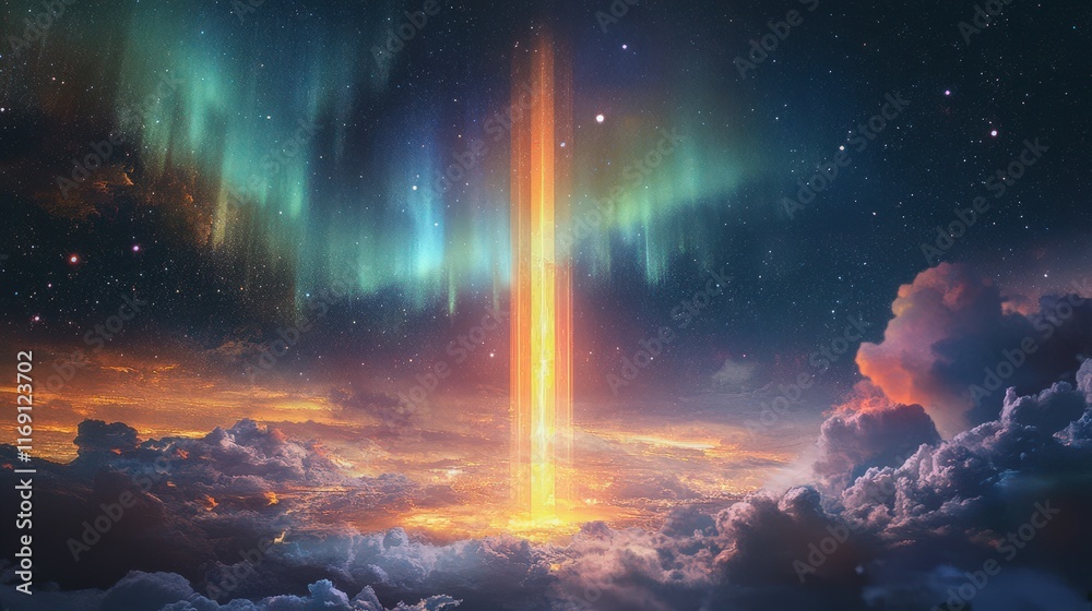 Celestial Beam Descending Through Aurora And Clouds Celestial Beam Descending Through Aurora And Clouds