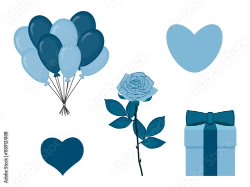 Set of elements for father's day and birthday. Bunch of balloons and gift box with bow. Rose flower and heart on transparent and white background. Vector illustration.