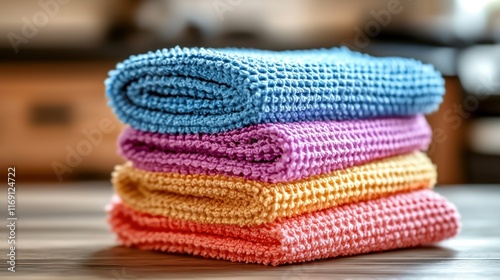 Colorful kitchen towels stacked neatly on a wooden surface.