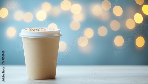 Cozy Vibes,, Warm Drink, Light Bokeh Cafe Scene with Take Away Coffee and Dreamy Background photo